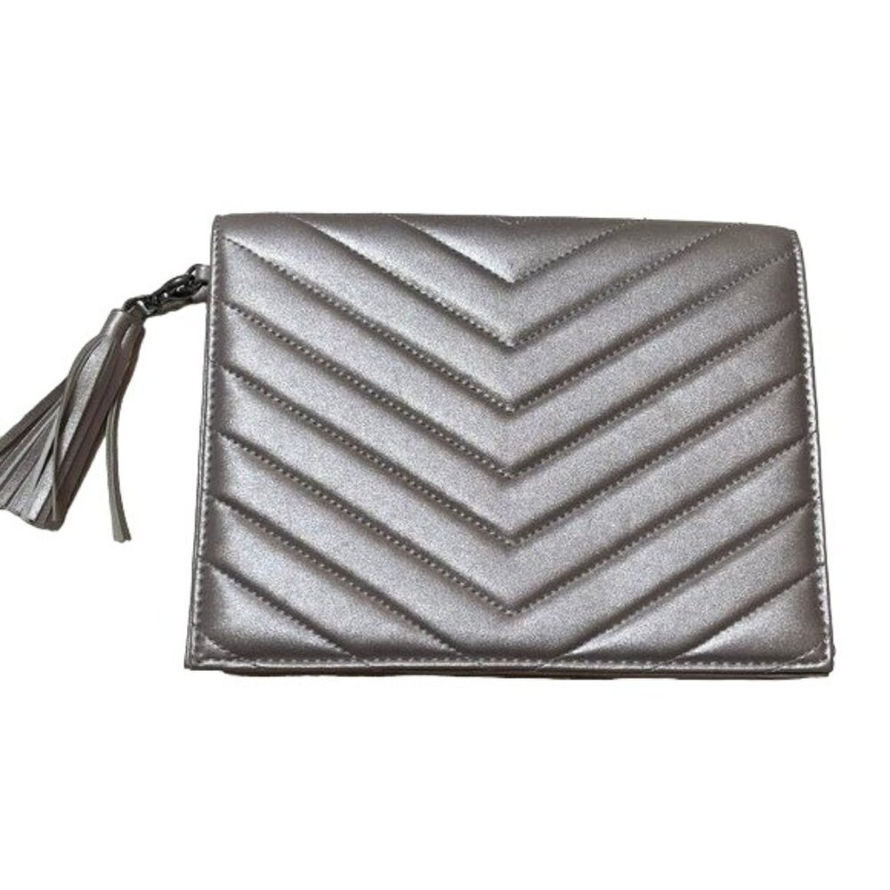Neiman Marcus Chevron Beige Metallic Clutch Wedding Guest Formal Holiday Party